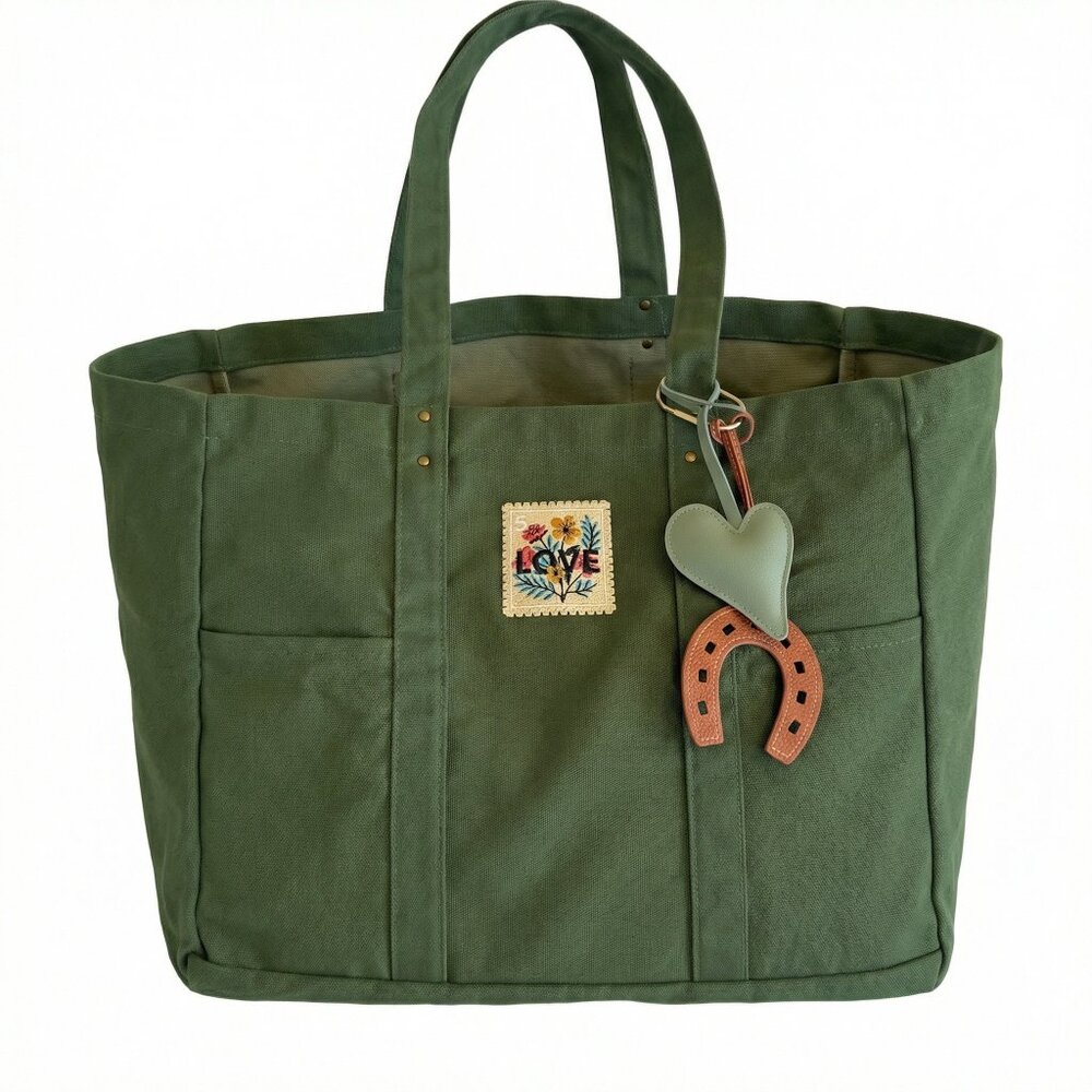 Large Green Cotton Tote Bag, embellished